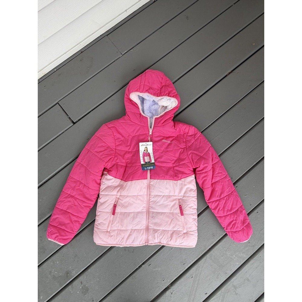 Eddie Bauer Jacket Girls Large 14/16 Pink Reversible Hooded Puffer‎ Fuzzy Coat